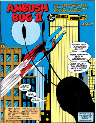 The title page in an Ambush Bug story pays beautiful stylistic homage to one of Superman’s co-creators.